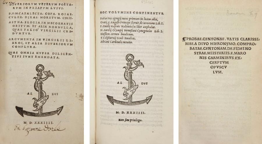 [VIRGILE]
Diversorum veterum poetarum in Priapum Lusus... [Venise]: Aldus [Paul Manuce], 1534.
[Suivi de]: LOGAU (Georg von). Hoc volumine continuentur. Poetae tres egregij nunc primum in lucem editi... [Venise]: Aldus [Paul Manuce], 1534.
[Et de]: PROBA (Faltonia B.). Probae. Centonae. Vatis clarissimae. A Divo Hieronymo. Comprobatae. Centonam... Lyon: Bernard Lescuyer pour Giovanni Stefano da Bassignana, 1516. - 3 ouvrages en un volume in-8, 79 ff., (1 f.); (6 ff.), 46 ff. foliotés 47; (16 ff.). Maroquin rouge, roulette aux pointillés entre deux filets dorés en encadrement et fleuron doré aux angles sur les plats, dos à faux nerfs orné, roulette dorée sur les chasses, tranches dorées (reliure du début du XIXe siècle).

Renouard, Annales de l'imprimerie des Alde, 1834, p. 110 (pour le Diversorum veterum poetarum) - Renouard, p. 113 et Thiebaud, col. 744-745 (pour le Hoc volumine continuentur). - Brunet, II, col. 1171 et Baudrier, II, pp. 3 à 10 et 154 (pour le livre de Proba).
- Seconde édition séparée, copiant celle donnée en 1517 par André d'Asola, du Diversorum veterum poetarum.
Il s'agit d'un recueil de 80 priapées, ou épigrammes consacrées au dieu de la fertilité Priape. Elles parurent pour la première fois dans l'édition des oeuvres de Virgile donnée par Alde Manuce en 1505, qui les publia d'après le codex "correttissimo" qui était en possession de Pietro Bembo; elles sont accompagnées de divers poèmes de Virgile ou pseudo-virgilien.
"Le voisinage avec Virgile s'explique par le fait qu'une tradition (qui devait perdurer du XIVe au XVIIIe siècle) lui attribuait les Priapea sur la base d'une assimilation au Catalepton et de témoignages prêtés à Pline le Jeune, Suétone et Servius" (Philippe Morel, Priape à la Renaissance. In: Revue de l'Art, 1985, n° 69, p. 15).

- À la suite figure la très rare première édition du recueil de poèmes sur la chasse intitulé Poetae tres egregij nunc primum in lucem editi... publié par le poète et humaniste allemand