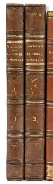 BALZAC (Honoré de)
La Femme supérieure. La Maison Nucingen, La Torpille. Paris: Werdet, 1838. - 2 volumes in-8, LVIII, (2 ff.), pp. (21)-310, (1 f.); (2 ff.), 473 pp., (1 f.). Demi-veau bronze à coins, dos à nerfs orné, tranches mouchetées (reliure de l'époque).

Édition originale de ce roman qui prendra le titre de Les Employés en 1844.
La Torpille contient notamment le début des Splendeurs et Misères des courtisanes en édition originale.
Bel exemplaire en reliure de l'époque. Quelques griffures aux dos et frottements aux coins. Rousseurs éparses, dernier feuillet du second volume en partie dérelié