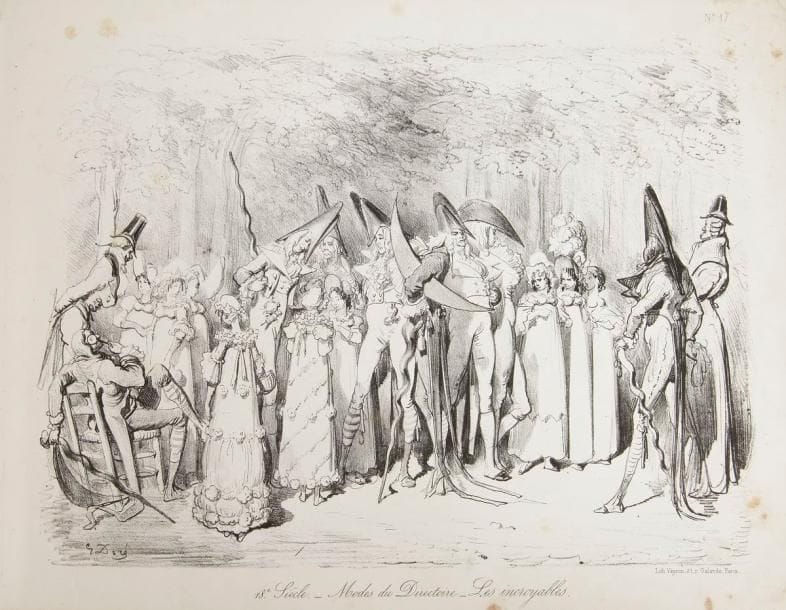 DORÉ (Gustave)
[Folies Gauloises depuis les Romains jusqu'à nos jours, album de moeurs et de costumes]. [Paris: Bureau du Journal amusant, (1859)]. - Album in-4 oblong, 20 planches. Demi-toile à la bradel, dos lisse, tranches jaspées (reliure de la fin du XIXe siècle).

Suite complète très rare des Folies gauloises, comprenant 20 lithographies originales en premier tirage de Gustave Doré.
" Chacune de ses scènes est empreinte d'une fine observation critique, pleine d'humour. Dans un curieux raccourci, c'est toute l'histoire du costume français qui défile dans cet album, un des meilleurs de Gustave Doré " (Leblanc, p. 115).
Exemplaire sans la couverture qui tient lieu de titre. Rousseurs éparses. La légende des planches 7 et 19 a été légèrement coupée par le relieur