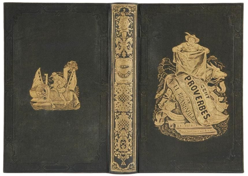 GRANDVILLE
Cent proverbes. Paris: H. Fournier, 1845. - In-8, frontispice, (2 ff.), 400 pp., 50 planches. Percaline vert sombre de l'éditeur, fers dorés sur les plats et le dos, tranches dorées.

Édition originale et premier tirage des illustrations de Grandville.
"Pour les Cent proverbes, l'artiste s'associe une fois de plus avec le libraire Henri Fournier en vue de produire un ouvrage original. Les auteurs du texte, figurés au titre comme "trois têtes sous le même bonnet", sont quatre en réalité, tous associés au Charivari: Émile Forgues, auteur sous le pseudonyme de Old Nick des Petites Misères de la vie humaine (Fournier, 1843), Taxile Delord, collaborateur du texte d'Un autre monde, Arnould Frémy et Amédée Achard "(Getty, Guillaume. Grandville, dessins originaux. Nancy: Musée des Beaux arts, 1986.)"
Il s'agit de l'un des livres les plus populaires et les plus réussis de Grandville, comprenant cent proverbes, cinquante avec texte illustré d'une vignette en cul-de-lampe et cinquante représentés par une illustration de l'artiste hors texte. L'édition comprend également un frontispice, huit bandeaux gravés sur bois, plusieurs fois répétés et représentant dix proverbes, ainsi que des lettrines ornées ou historiées. Grandville a également fait son autoportrait page 354, se représentant en train d'inscrire sur un mur le nom des auteurs et des collaborateurs du livre.
Précieux exemplaire dans son cartonnage éditeur discrètement et très habilement restauré.
Provenance: Gaston Héliot, avec ex-libris