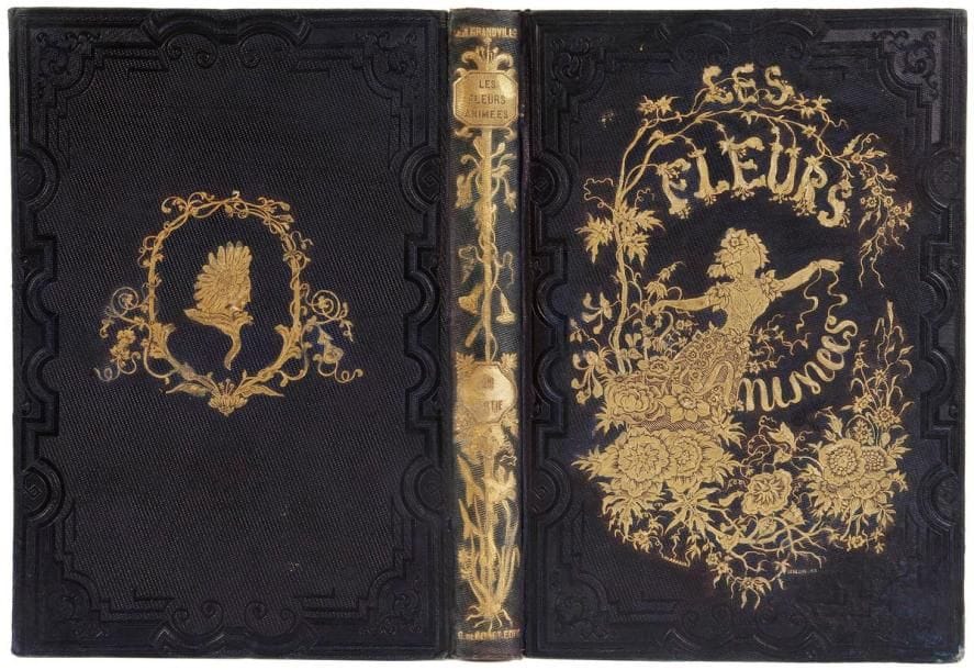 [GRANDVILLE]
Les fleurs animées par J.-J. Grandville. Introductions Par Alph. Karr. Texte Par Taxile Delord. Première [-Deuxième] partie. Paris: Gabriel de Gonet, 1847. - 2 volumes in-8, frontispice, 250 pp., 28 planches; frontispice, (2 ff.), 102 pp., (1 f. blanc), IV pp., pp. (105)-166, (1 f.), IV pp., pp. (169)-236, 24 planches. Percaline bleue à chevrons d'édition, plats décorés de fers spéciaux dorés, signés de Haarhaus et inspirés de l'illustration de Grandville, dos lisses ornés d'un fer spécial doré en long, tranches dorées (Lenègre).

Célèbre recueil de contes inspirés par les fleurs et composés par Alphonse Karr, Taxile Delord et Louis-François Raban, ce dernier présenté sous le pseudonyme du comte Foelix.
C'est sans doute l'un des plus originaux et des plus séduisants livres illustrés par Grandville. Il est orné de deux frontispices gravés sur bois par Porret et Quichon, et de 48 planches aquarellées et gravées sur acier par Geoffroy. La majorité des illustrations représente des êtres humains déguisés en fleurs, parfois accompagnés d'animaux dotés dont les façons sont humaines.
Un procès établit, en 1867, que seule une partie de l'illustration était due à Grandville. Le livre parut en 1847, l'année même où Grandville mourut à l'hôpital de Vanves d'un accès de folie. Grandville n'avait eu le temps d'exécuter qu'une quinzaine de dessins et de n'en examiner qu'une quinzaine d'autres.
On trouve à la fin de la deuxième partie la Botanique et horticulture des dames par Foelix, avec une introduction d'Alphonse Karr, illustrée de deux planches de botanique en noir.
Cet exemplaire est en seconde tirage, avec une pagination séparée pour chacun des volumes et la date de 1847 portée sur les titres. Il est conservé dans sa reliure d'éditeur de Lenègre, ornée de fers spéciaux inspirés directement des illustrations de Grandville, l'une des conditions les plus recherchées.
Charnières du premier volume fendues, celles du second volume ont été restaurées. Coins émo