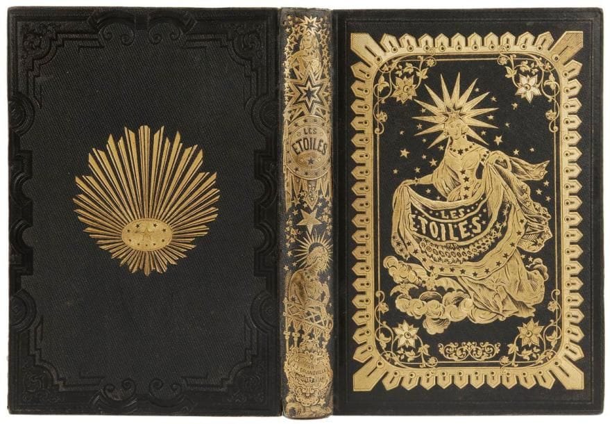 GRANDVILLE
Les Étoiles, dernière féérie par J.-J. Grandville. Texte par Méry. Astronomie des dames par le comte Foelix. Paris: G. de Gonet, Librairie Louis Janet, s.d. - 2 parties en un volume in-8, frontispice, (2 ff.), XVI, 252 pp., 12 planches; frontispice, (2 ff.), 186 pp., (1 f.), 1 planche. Percaline bleue à chevron de l'éditeur, fer spécial signé Haarhaus et encadrement dorés sur le premier plat, fer représentant un ovale étoilé rayonnant sur le second plat, dos lisse orné de fers spéciaux, tranches dorées.

Cette édition est celle de 1849 avec un faux titre et un titre de relais. Elle est illustrée de 15 planches, dont 2 pour la seconde partie, gravées sur acier et coloriées, à l'exception du premier frontispice et de la composition autour du portrait de Grandville, qui sont gravés sur bois.
Bel exemplaire dans son cartonnage d'éditeur. Le fer central signé Haarhaus sur le premier plat et la composition du dos ont été faits spécialement pour cet ouvrage.
Exemplaire très bien conservé malgré de petites usures aux coiffes et aux charnières. Quelques rousseurs éparses