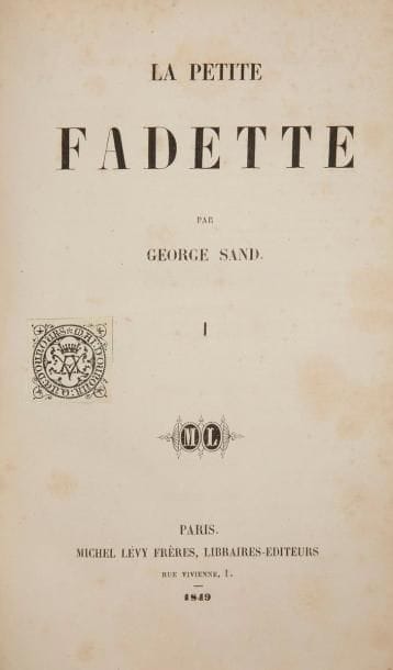 SAND (George)
La Petite Fadette. Paris: Michel Lévy, 1849. - 2 tomes en un volume in-8, (2 ff.), 335 pp.; pp. (3)-271 (manque le titre). Demi-chagrin marron, dos à nerfs, tranches mouchetées (reliure vers 1870).

Édition originale très rare de l'un des romans les plus célèbres de George Sand. 
Bon exemplaire relié en un volume vers 1870. Le relieur n'a pas jugé bon de conserver le titre du second tome. Épidermures au dos, rousseurs et quelques traces de mouillures. 
Provenance: ex-libris au chiffre VA couronné et la devise provençale "Mai d'onour que d'ounours"