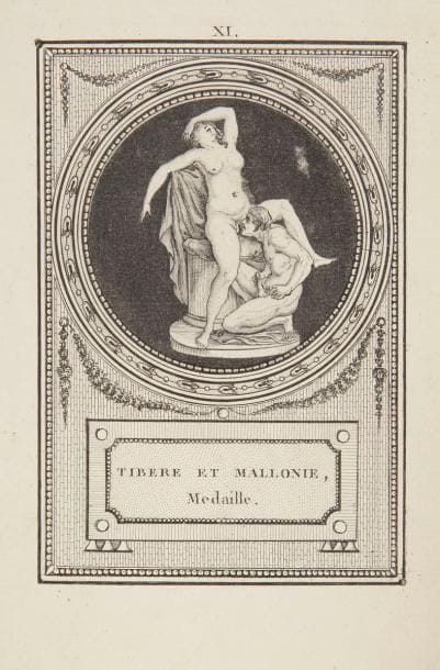 [CURIOSA - HANCARVILLE (Pierre-François Hugues)]. Monumens de la vie privée des douze Césars, gravées d'après une suite de Pierres et Médailles. Rome, 1785. - Grand in-8, (50 ff.) sur 51. Maroquin rouge, triple filet doré en encadrement sur les plats, dos lisse orné, roulette dorée intérieure, tranches dorées (reliure de l'époque).

Dutel, III, A-725. - Cohen, 475. - Pia, col. 956.
Nouvelle édition des Monuments de la vie privée des douze Césars.
Il s'agit d'une édition entièrement gravée sur papier vergé fort, se composant d'un titre orné, d'une préface de l'éditeur et de 24 figures libres en médaillon dans de beaux encadrements, chacune accompagnée d'un feuillet d'explication. Les figures ont été gravées de nouveau pour cette édition et mises dans un nouvel ordre.
Exemplaire en maroquin rouge de l'époque, incomplet du second feuillet de titre qui manque souvent. Parmi les deux exemplaires cités par Pia, l'un est également amputé de cette planche.
Traces sombres de frottement sur les plats et le dos, frottements aux coins. Restauration à la planche X et au feuillet suivant, ainsi qu'à la planche XIII