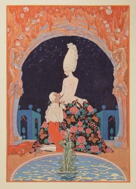 [BARBIER (George)] VERLAINE (Paul)
Fêtes galantes. Paris: H. Piazza, 1928. - In-4, titre, (4 ff. 3 premiers blancs), 100 pp., (2 ff.), 20 planches, couverture illustrée. Broché, couverture rempliée.


Édition illustrée en premier tirage de 23 très belles compositions en couleurs de GEORGE BARBIER, gravées sur bois, dont 2 sur la couverture, une sur le titre et 20 hors texte.
Un des 200 exemplaires sur papier japon impérial, contenant un état en noir des illustrations.
Exemplaire très bien conservé. Étui abîmé
