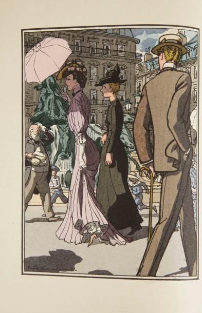 [BRISSAUD (Pierre)] FARRÈRE (Claude)
Mademoiselle Dax jeune fille. Paris: Éditions de l'Intermédiaire du bibliophile, 1926. - In-4, frontispice, (1 f. blanc), 235 pp., (1 f.), 8 planches, couverture imprimée. Maroquin vert bouteille, premier plat décoré d'un encadrement de motifs dorés d'inspiration Art Nouveau constitué de quatre cartouches composés de divers fers dorés formant un rectangle, agrémenté d'un autre fer placé au milieu extérieur des cartouches pointant vers le centre du plat, second plat orné d'un motif central composé de plusieurs fers utilisés sur le premier plat, dos à nerfs orné, doublures de maroquin rouge brique orné de filets et roulette dorés avec fleurons dorés aux angles, garde de daim bordeaux, tranches dorées sur témoins, couverture et dos conservés, étui (Yseux Sr de Thierry-Simier).


Premier volume de la collection Le Génie français, dont le tirage fut limité à 705 exemplaires, illustré d'un frontispice, de 8 hors-textes et de nombreuses compositions en couleurs de Pierre BRISSAUD.
Un des 25 premiers exemplaires sur papier impérial du Japon, contenant trois suites des planches.
Charmant exemplaire dans une reliure doublée d'Yseux, décorée de motifs dorés dans le style Art Nouveau.
Dos insolé.
Provenance: Georges Humbert, avec ex-libris gravé sur bois par Granger
