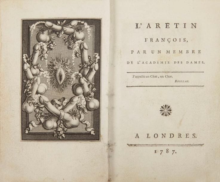 [CURIOSA - NOGARET (Félix)]. L'Aretin françois, par un membre de l'Académie des dames. [Suivi de]: Les Épices de Vénus ou pièces diverses du même académicien. Londres, 1787. - 2 parties en un volume in-18, frontispice, (5 ff.), 53 pp., (1 f. blanc); (20 ff.), 18 planches. Veau raciné, filet aux pointillés doré en bordure des plats, dos lisse orné, tranches dorées (reliure de l'époque).

Dutel, III, A-99. - Pia, Les Livres de l'Enfer, col. 86-87. 
Édition originale au format in-18 de ces célèbres ouvrages érotiques composés par Félix Nogaret. L'Arétin françois est illustré d'un frontispice et de 18 planches érotiques, gravés par Elluin d'après Borel, qui sont une interprétation des compositions du peintre italien de la Renaissance Giulio Romano (vers 1499-1546), qui servirent à illustrer les Sonnets luxurieux de Pierre l'Arétin. 
Exemplaire dont les deux ouvrages ont été intervertis. Le texte commençant par le Fragment d'une lettre, relié après l'introduction de l'Arétin, est celui des Épices de Vénus; le texte et les figures que l'on trouve après le titre des Épices sont ceux de l'Arétin. Il manque la figure libre des Épices de Vénus. 
Manque la pièce de titre au dos. Deux coins émoussés. Petites traces de mouillure au bord de quelques feuillets, sans gravité