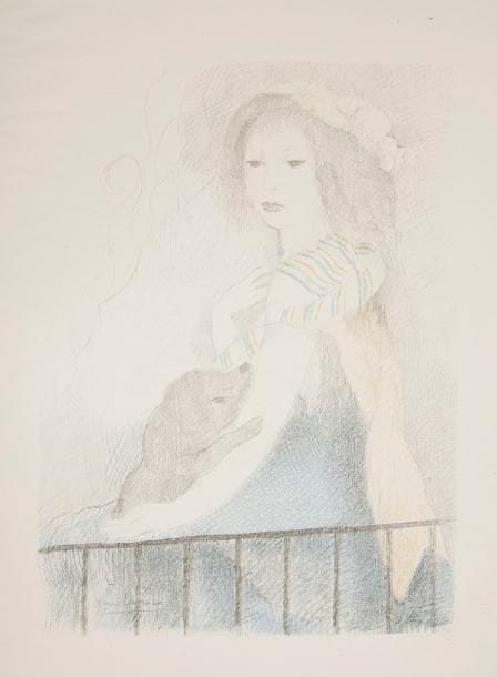 [LAURENCIN (Marie)]
L'HÉRITIER DE VILLANDON (Marie-Jeanne). L'Adroite princesse ou les aventures de Finette, conte de fées. Paris: M.-P. Trémois, 1928. - In-folio, (1 f. blanc), 30 pp., (3 ff.), couverture imprimée. En feuilles, couverture rempliée, chemise, étui.

Très belle édition tirée à 480 exemplaires, illustrée d'un vignette en noir sur le titre, reprise sur la couverture, et de 5 grandes lithographies en couleurs sur chine monté de Marie LAURENCIN, comprises dans la pagination.
Un des 450 exemplaires sur papier vélin.
Couverture déchirée avec manques. Parfait état intérieur