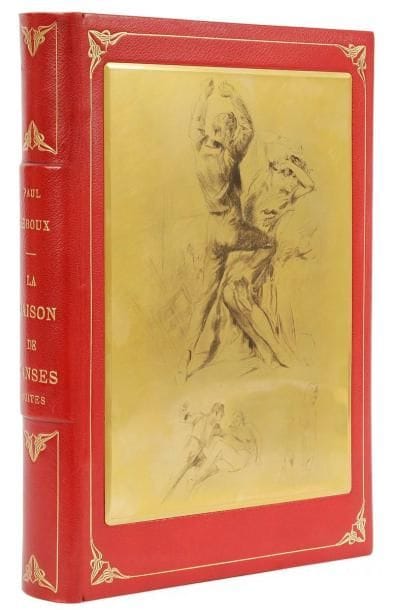 [LOBEL-RICHE (Alméry)] REBOUX (Paul)
La Maison de danses. Roman. S.l.: Pour le compte des Auteurs, (1928). - In-8, 284 pp., (2 ff.), couverture imprimée. Chagrin rouge, encadrement doré avec fer de style art nouveau aux angles sur les plats, cuivre encastré dans le premier plat du volume des suites, dos orné, encadrement de chagrin rouge à l'intérieur, orné de 2 filets dorés, doublures et gardes de papier doré rehaussé de rouge, tête dorée, non rogné, couverture et dos conservés (reliure de l'époque).

Belle édition tirée à 260 exemplaires, illustrée de 35 pointes sèches originales de Lobel-Riche.
UN DES 30 PREMIERS EXEMPLAIRES SUR JAPON ANCIEN, celui-ci étant l'un des 9 comprenant une suite en premier état des pointes sèches, une suite en noir avec remarques SUR PARCHEMIN, une suite en noir avec remarques, une suite en bistre avec remarques, une suite en sanguine avec remarques, l'état terminé dans le texte, un cuivre original (encastré ici dans le premier plat du volume des suites), et DEUX DESSINS ORIGINAUX.
Les suites ont été reliées ensemble dans un volume à part; chacune est précédée d'un prospectus de souscription.
Bel exemplaire, enrichi d'un troisième dessin original de Lobel-Riche