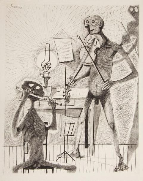 QUENEAU (Raymond) - PRASSINOS (Mario)
L'Instant fatal, en six poèmes. [Paris]: Aux Nourritures terrestres, 1946. - In-4, en feuilles sous couverture rempliée, chemise, étui.

ÉDITION ORIGINALE de ce recueil de six poèmes de Raymond Queneau, ILLUSTRÉE DE 16 EAUX-FORTES ORIGINALES DE MARIO PRASSINOS, dont une sur la couverture. 
Tirage à 250 exemplaires numérotés. Un des 215 sur papier pur chiffon de Lana contenant deux états en noir des quinze eaux-fortes. 
Exemplaire parfaitement conservé