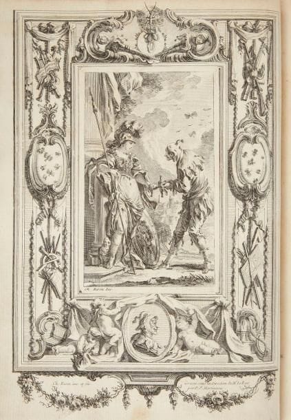 ÉRASME. L'Éloge de la foliec Nouvelle édition revûe et corrigée sur le Texte de l'Édition des Basle. Ornée de nouvelles figures. Avec des notes. [Paris], 1751. - In-4, frontispice, (4 ff.), xxiv, 222 pp., (1 f.), 13 planches. Veau marbré, triple filet doré en encadrement sur les plats, dos à nerfs orné, tranches dorées (reliure de l'époque).

Cohen, 348.
La plus jolie des éditions anciennes, illustrée en premier tirage d'un frontispice, d'une vignette de titre, d'un bandeau, d'un cul-de-lampe et de 13 hors-textes gravés par Aliamet, De La Fosse, Flipart, Legrand, Le Mire, Martinasie, Pinssio et Tardieu d'après les dessins de Charles Eisen. Les notes sont d'Anne-Gabriel Meusnier de Querlon (1702-1780).
Exemplaire sur grand papier au format in-4, avec le frontispice comprenant un bel encadrement d'Eisen, gravé par Martinasie sous la direction de Le Bas.
Reliure maladroitement restaurée, charnière du premier plat, coiffe de tête et deux coins refaits, manques aux deux autres coins, mouillure sur les gardes.
Provenance: Debatti?, avec ex-libris
