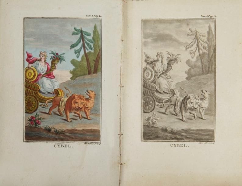 LA MYTHOLOGIE MISE À LA PORTÉE DE TOUT LE MONDE, Ornée de cent Figures en couleurs, ou en noir, dessinées et gravées par d'habiles Artistes de Paris. Ouvrage élémentaire, indispensable aux jeunes gens de l'un et l'autre sexe, et utile à toutes les classes de lecteurs. Paris: Déterville, an septième (1798-1799). - 12 volumes in-18, (2 ff.), 176 pp., 23 planches; (2 ff.), 172 pp., 18 planches; (2 ff.), 175 pp., 12 planches; (2 ff.), 146 pp., 5 planches; (2 ff.), 191 pp., 6 planches; (2 ff.), 175 pp., 8 planches; (2 ff.), 164 pp., 4 planches; (2 ff.), 187 pp., 8 planches; (2 ff.), 176 pp., 2 planches; (2 ff.), 190 pp., (1 f. blanc), 8 planches; (2 ff.), 169 pp., (1 f. blanc), 2 planches; (2 ff.), 151 pp., 4 planches. Demi-maroquin rouge à long grain à la bradel et à coins, dos lisse orné, non rogné (reliure de l'époque).


Nouvelle édition après celle donnée en 1793.
Cet ouvrage didactique rassemble "ce qu'il importe le plus de savoir aux personnes qui ont peu le temps d'étudier, et qui sentent le besoin de l'instruction" (p. 6). Il débute par une étude des différents Dieux (du ciel, de la terre, des eaux, du feu et des enfers), suivent les histoires héroïques et diverses puis l'histoire de la religion des égyptiens, des Perses et des Gaulois.
L'édition est illustrée de 100 figures hors texte gravées à l'aquatinte par Jean-Marie Mixelle, Carrée et Alix d'après notamment les compositions de Challiou.
EXEMPLAIRE SUR GRAND PAPIER, COMPRENANT LES ILLUSTRATIONS EN DOUBLE ÉTAT, EN NOIR ET EN COULEURS.
Exemplaire à toute marge, en reliure de l'époque. Coups sur les bords des plats et sur le premier plat du dernier volume. Les dos, présentant quelques défauts, ont été reteintés