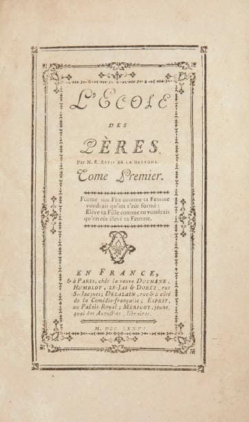RÉTIF DE LA BRETONNE (Nicolas-Edme). L'École des pères. France, Paris: Veuve Duchêne, Humblot, Le Jay, Dorez, Delalain, Esprit, Mérigot jeune, 1776. - 3 tomes en deux volumes in-8, (1 f.), 454 pp. chiffrées 480; (1 f.), 186 pp. chiffrées 192; (1 f.), 352 pp. chiffrées 370, (1 f.). Veau marbré, dos lisse orné, armes dorées en queue, tranches mouchetées (reliure de l'époque).

Rives Childs, pp. 242-243, 2.
Seconde édition, présentant selon Lacroix et Rives Childs "la forme définitive de l'ouvrage".
Cette publication connut plusieurs soubresauts à cause de la censure qui exigea de nombreuses suppressions. Son titre originel était Le Nouvel Émile; il s'agit du récit d'un voyage éducatif qui conduit un jeune homme et son mentor dans la campagne bourguignonne.
Bien que présentant les titres de l'originale à la date de 1776, cette seconde édition parut entre 1776 et 1780. Elle comprend les cartons de l'édition précédente mais également d'autres remaniements dont la majorité sont mentionnés par Rives Childs. Elle se reconnaît principalement par le "Nota" à la page 370 dans le troisième tome et par la présence du feuillet de la table des matières non chiffré en regard.
Voici les cartons présents dans cet exemplaire:
Tome 1: pages 31 à 36 remplacées par un seul feuillet (B7), pages 41-42, 51-52, 54-55, 57-58, pp. 79 à 81 et cahier D remaniés, pages 82 à 86 remplacées par une seule page numérotée 82-86, pages 355 à 374 remplacées par un seul feuillet.
Tome 2: pages 59-60, pages 121 à 128 remplacées par un seul feuillet.
Tome 3: pages 1-2, pages 19 à 22, remplacées par un feuillet, tout comme pour les pages de 25 à 40 et de 305 à 308.
EXEMPLAIRE AUX ARMES DE JEAN-PIERRE DE DAMAS D'ANLEZY (1734-1800), seigneur du comté d'Anzely, maréchal de camp, député aux états généraux de 1789. Il est très rare de trouver un exemplaire de ce titre revêtu d'une reliure aux armes.
Bon exemplaire, dont les coiffes et les charnières ont été t