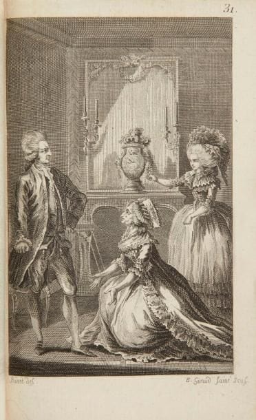 RÉTIF DE LA BRETONNE (Nicolas-Edme). Les Françaises, ou XXXIV Exemples choisis Dans les Moeurs actuelles, Propres à diriger les Filles, les Femmes, les Épouses les Mères. Neufchâtel, Paris: Guillot, 1786. - 4 volumes in-12, 272 pp., 8 planches; 312 pp., 9 planches; 312 pp., 9 planches; 324 pp., (8 ff.), 8 planches. Demi-maroquin rouge à coins, filets dorés, dos à nerfs orné, tête dorée, non rogné (Bretault).

Rives Childs, pp. 296-298, XXXI. - Cohen, 878-879.
Édition originale de ce recueil de nouvelles, véritables tableaux de moeurs, que l'auteur mit 26 jours à réaliser.
"Je donne pour titre à ces IV Volumes, Les Françaises, parceque les Trente-quatre Exemples qui les composent, offrent un tableau general de nos moeurs, où les Jeunes personnes les Femmes de tout âge, trouveront réünis les devoirs de leur état, les moyens d'être vertueuses, agréables à leurs Parens, à leurs Epoux, respectables à leurs Enfans, cheries de leurs Concitoyens" (Avis de l'éditeur). On trouve également dans cette publication, deux drames en 5 actes, l'un intitulé La Fille naturelle situé à la fin du second volume, l'autre portant comme titre La Cigale et la Fourmi qui termine le dernier volume.
C'est dans le tome I que Rétif prophétise notamment la Révolution ainsi que les réformes agraires que la majorité des pays connaîtront aux XIXe et XXe siècles.
L'édition est illustrée de 34 figures hors texte numérotées, gravées par Giraud l'aîné d'après les dessins de Louis Binet qui les exécuta à partir des consignes de l'auteur. Seulement deux gravures sont signées de l'artiste. Selon Cohen: "Dans aucun des ouvrages de Restif, Binet n'a autant exagéré la petitesse des têtes et la finesse des tailles des femmes". Rétif s'est plu à mettre en scène Grimod de La Reynière fils dont on trouve le portrait très réussi dans la figure illustrant la partie sur l'Épouse d'ivrogne (tome III).
Bel exemplaire en reliures de Bretault. Légers frottements à quelques nerfs. Exempl