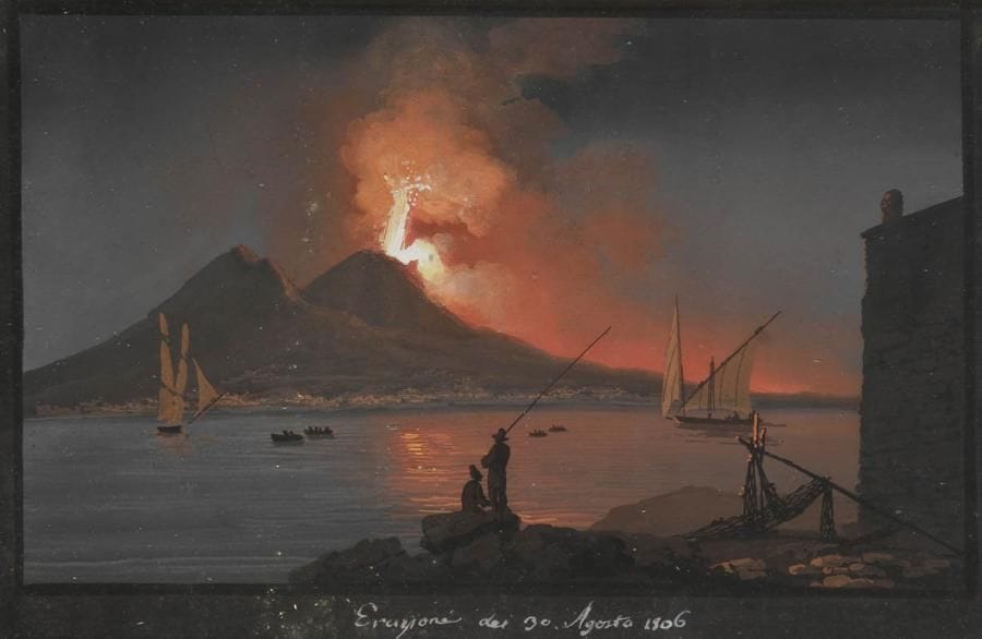 École Napolitaine du XIXe siècle
L'Éruption du Vésuve en 1806 Gouache. Titrée en bas Eruzione dei 30 Agosto 1806. 20,3 x 31 cm