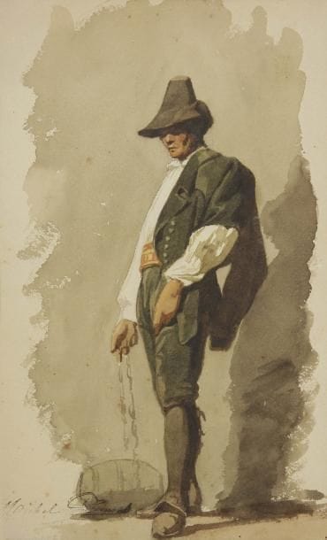 Michel DUMAS (Lyon 1812 - 1885)
Porteur italien au tonnelet Aquarelle. Porte en bas à gauche le cachet de l'atelier (ne figure pas dans le Lugt). 30,5 x 18,5 cm Connu surtout comme peintre religieux, Michel Dumas fut élève aux Beaux - Arts à Lyon et Paris. Il travailla sur les fresques de l'église Notre Dame de Lorette à Paris auprès d'Ingres et d'Orsel. En 1838, il suivit Ingres en Italie. Il devait y passer seize années. En 1878, il fut nommé directeur des Beaux - Arts de Lyon où il fut également professeur.