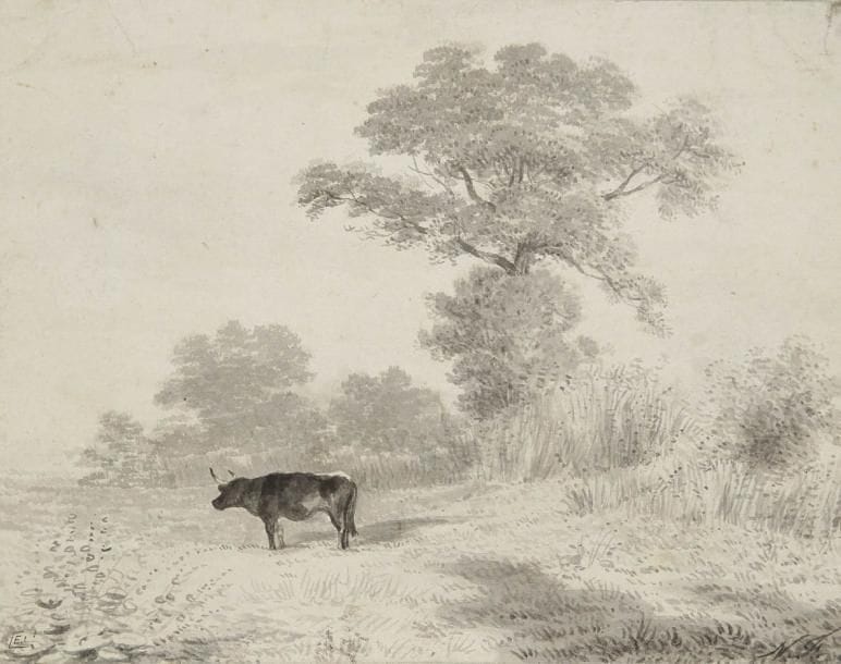 Newton FIELDING (Huntington 1799 - Paris 1856)
Paysage avec un boeuf Plume et encre grise, lavis gris. Monogrammée en bas à droite NF. Porte en bas à gauche le cachet de la collection E. Callando père (Lugt n° 837). Au verso Paysage à l'église, pierre noire et lavis gris. 14 x 17,8 cm