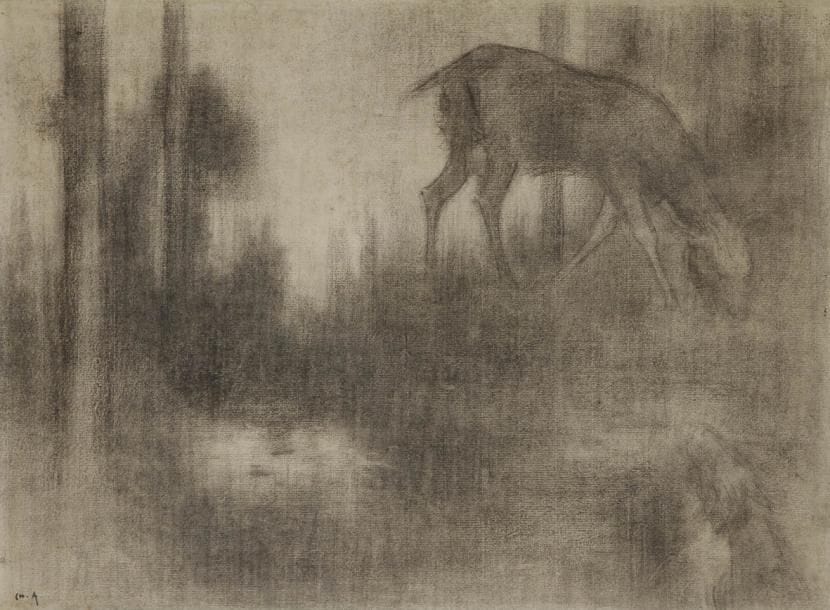 Charles ANGRAND (1854-1926)
Paysage à la chèvre Fusain. Porte en bas à gauche le cachet de l'artiste Ch. A. 46,5 x 21 cm Charles Angrand participa avec Signac et Seurat au 1er Salon des Indépendants en 1884. Il appartenait, à cette période, au courant néo-impressionniste avant de se tourner vers le pointillisme naissant. Vers 1900, il prit ses distances avec ces mouvements, préférant travailler seul, se consacrant à une touche plus large, au pastel ou au fusain. Notre dessin est préparatoire à un autre dessin anciennement dans le commerce parisien.