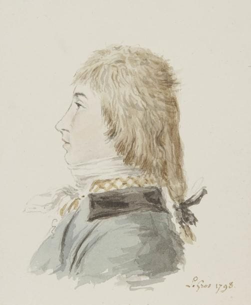 Sauveur LE GROS (Versailles 1754 - Bruxelles 1834)
Portrait d'un jeune homme de profil Plume et encre brune, aquarelle. Signée et datée Legros 1798. 10,3 x 8,5 cmOn y joint:Dix dessins d'après des sujets antiques, Deux officiers, crayon noir, plume, encre noire et brune, aquarelle, formats divers.