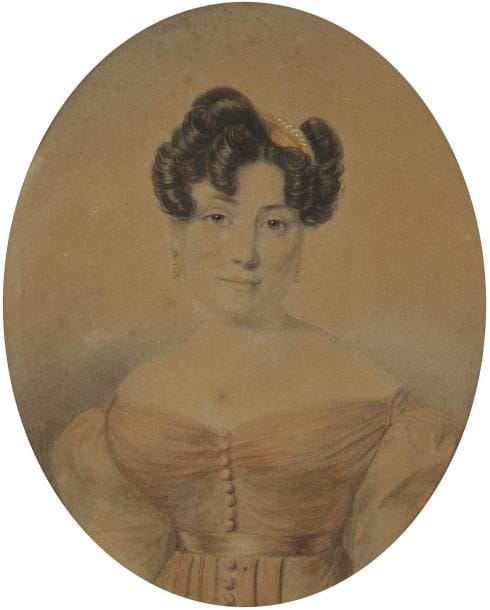 Julie RIBAULT (Fresnay 1789 - ? vers 1839)
Portrait d'une jeune femme en 1826 Aquarelle ovale. Annotée au dos. 16,2 x 13 cmÉlève de Louis Lafitte, Julie Ribault fut peintre de genre, portraitiste ainsi que graveur.