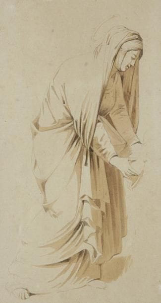 École Française du XIXe siècle
Figure de femme en costume du Moyen Âge Lavis brun sur traits à la pierre noire. 23,5 x 12,5 cm
