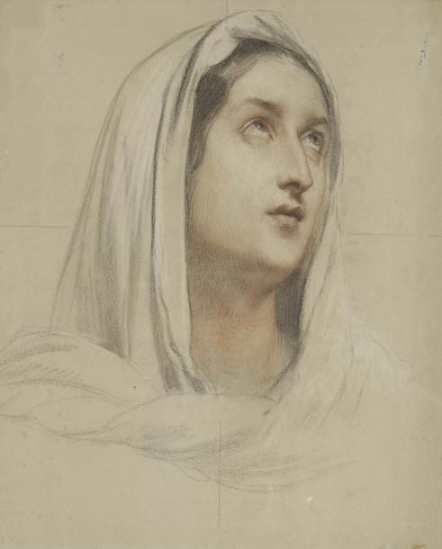 Alexandre HESSE (1806-1879)
Visage de femme, les yeux tournés vers le ciel Crayon noir, sanguine et rehauts de blanc. Porte au verso le cachet Alexandre Hesse Expo P. Aubert Paris. 42 x 34,5 cm