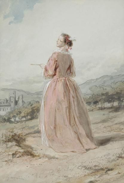 Paul GAVARNI (Paris 1804 - 1866)
Jeune femme en robe rose dans un paysage avec un château Plume et encre grise et brune, lavis gris, aquarelle, et rehauts de blanc. Signée en bas à gauche Gavarni. 22 x 15,5 cm