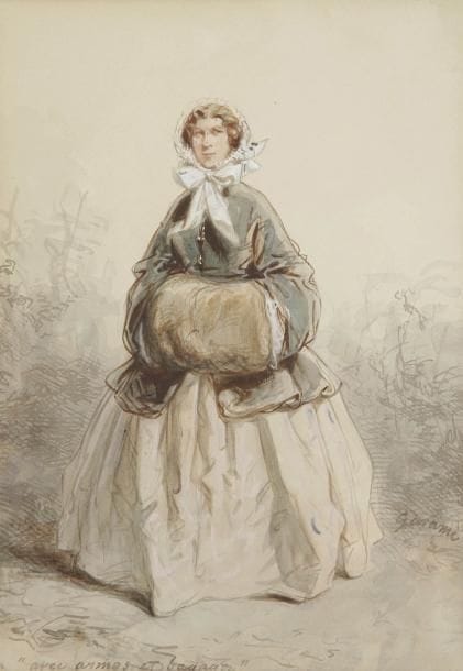 Paul GAVARNI (Paris 1804 - 1866)
Jeune femme en crinoline portant un manchon Lavis gris, aquarelle et rehauts de blanc. Titré en bas à gauche avec armes et bagages. 28,5 x 20,5 cm