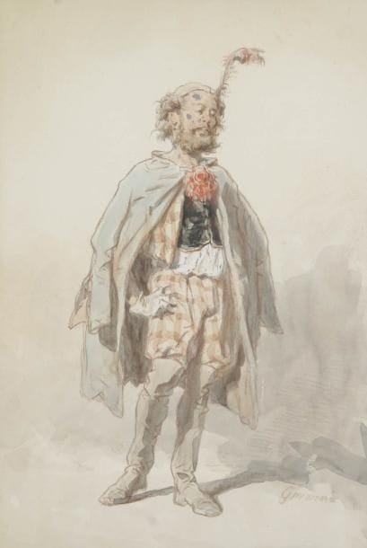 Paul GAVARNI (Paris 1804 - 1866)
Un vieux comédien portant un chapeau à plume Plume et encre brune, lavis gris, sanguine, aquarelle et rehauts de blanc. Signée en bas à droite Gavarni. 35 x 23,5 cm