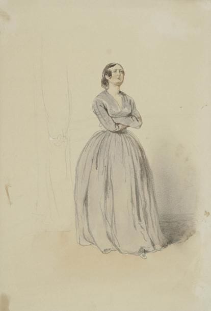 Paul GAVARNI (Paris 1804 - 1866)
Jeune femme à la robe bleue, les bras croisés Aquarelle sur traits de crayon noir. 24 x 16,5 cm