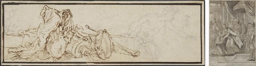 François CHAUVEAU (Paris 1613 - 1676)
Un pape accueillant un homme agenouillé Plume et encre brune, lavis gris. Au dos, même sujet à la plume et encre brune. 20,5 x 14,5 cmTrophée d'armes Pierre noire, plume et encre brune. 6,5 x 20,5 cm