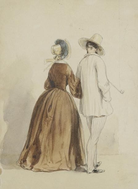 Paul GAVARNI (Paris 1804 - 1866)
Un couple d'élégants promeneurs, de dos Plume et encre grise, aquarelle, sur traits de crayon noir. 22,5 x 17 cm