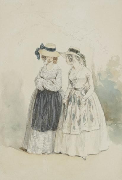 Paul GAVARNI (Paris 1804 - 1866)
Deux promeneuses portant des tabliers et des chapeaux à rubans Plume et encre grise, aquarelle sur traits de crayon noir. 24 x 16,5 cm