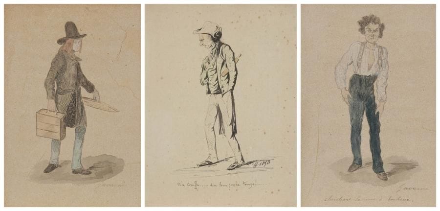 Paul GAVARNI (Paris 1804 - 1866)
Trois dessins humoristiques Plume et encre noire, lavis gris et aquarelle. Un monogrammé et daté en bas à droite G 1843 Titrés en bas cherchant la à bonheur, m'a couiffa. . . din Sin jouiné temps. . . Environ 17 x 12 cm