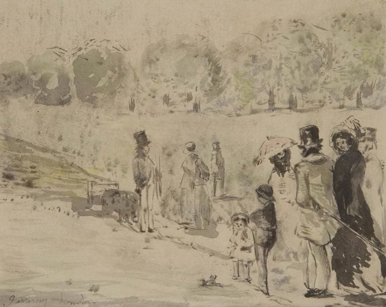 Paul GAVARNI (Paris 1804 - 1866)
Promeneurs à Londres Plume et encre noire, lavis noir et gris, aquarelle. Signée et située en bas à gauche Gavargny London. 11,5 x 14,2 cm