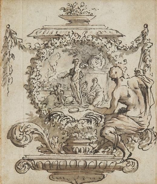 Attribué à Jean LEPAUTRE (1618-1682)
Scène galante dans un encadrement de guirlande de fleurs Plume et encre noire, lavis brun et gris, sanguine. 9,7 x 8,2 cm