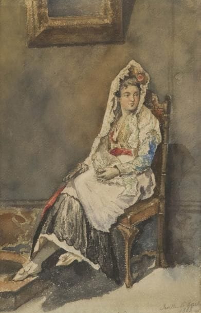 École FRANçAISE en 1883
Jeune sévillane Aquarelle. Situé et daté en bas à droite Séville / 15 Août / 188323,5 x 15 cm