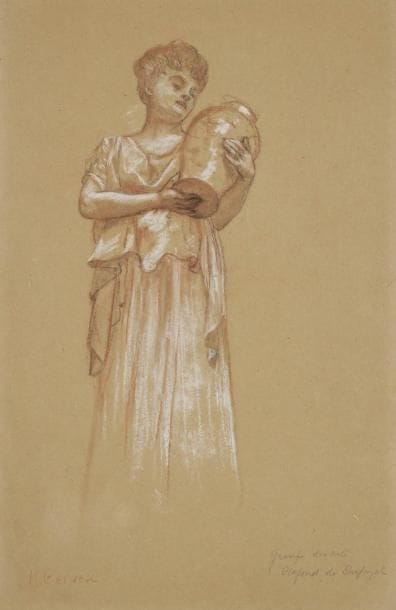Henri GERVEX (1852-1929)
Femme à la crucheSanguine et rehauts de blanc sur papier beige. Signée en bas à gauche H. Gervex. Titrée en bas à droite groupe des Arts / Plafond de Dufayel. 39 x 26 cm Notre dessin est une étude préparatoire pour le décor du plafond de la cage d'escalier de l'hôtel particulier Dufayel peint par Gervex en 1908 et disparu aujourd'hui.