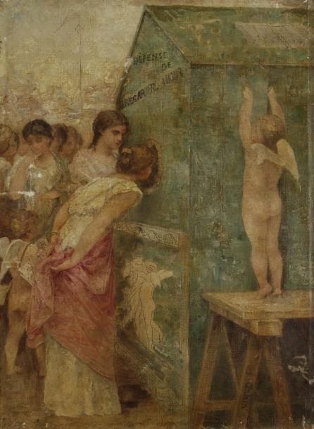 Georges CLAIRIN (1843-1919)
Défense de regarder l'Amour Huile sur toile. Signée en bas à droite. (Petits manques). 46 x 33 cm