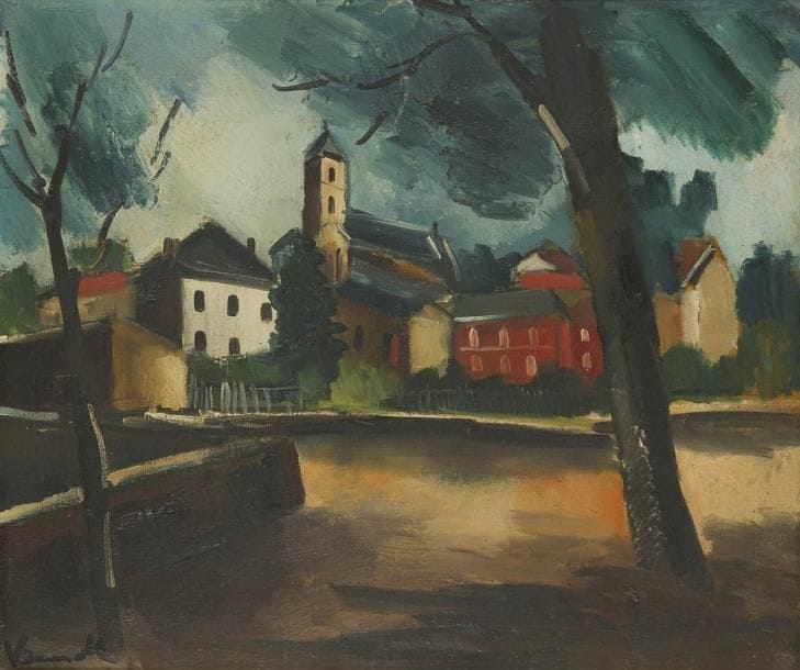 Maurice de Vlaminck (1876-1958)
La Petite place en province, 1920 Huile sur toile. Signée en bas à gauche. 46 x 55 cm
