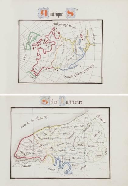 ANONYME
Atlas / Contenant 13 cartes vers 1900... Album in-4 oblong contenant 13 dessins à la gouache avec enluminures sur vélin.