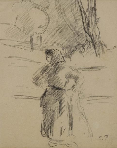 Camille PISSARRO (1830-1903)
Femme au fichu, mains à la hanche, dans un paysage Dessin au crayon noir. Monogrammé en bas à droite. 20,5 x 16,5 cm