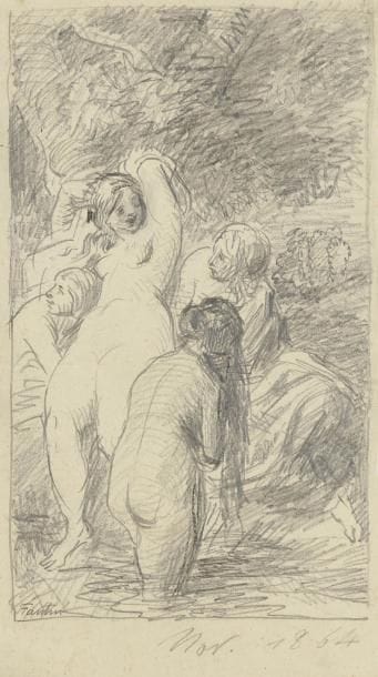 Henri FANTIN-LATOUR (1836-1904)
Femmes au bain, 1864 Dessin à la mine de plomb sur vélin mince collé sur carton. Signé en bas à gauche et daté sous le sujet: Novembre 1864. 33 x 23,4 cm Provenance: Succession d'Auguste Clot, imprimeur lithographe.