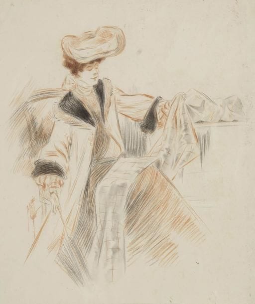 Ferdinand Mifliez dit MISTI (1865-1923)
Femme en chapeau assise, examinant un coupon d'étoffe, vers 1900Fusain, estompe et sanguine sur vélin mince. Signé en bas à gauche. 33 x 28 cm