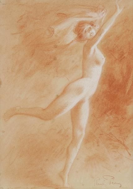 René PEAN (1875-1945)
Nymphe fuyantSanguine et craie blanche sur vergé. Collée sur carton. Signé en bas à droite. 30,7 x 21,78 cm