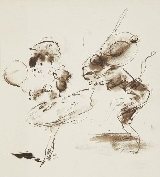 Henry-François Sommier dit Henry SOMM (1844-1907)
Couple de danseurs, vers 1890-1900 Dessin à la plume et lavis d'encre sépia sur vergé ancien avec autre croquis au verso. Signé des initiales en bas à droite. (Trace claire d'oxydation autour du sujet). Joint: deux croquis à la mine de plomb. 24 x 20,4 cm Provenance: Succession d'Auguste Clot, imprimeur lithographe.