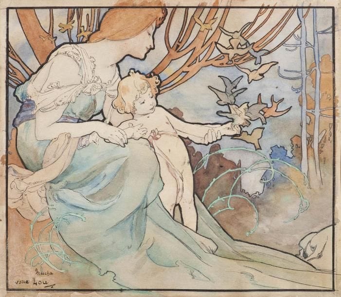 Alphonse MUCHA (1860-1939)
Femme et enfant aux oiseaux Dessin à l'encre et aquarelle. Signé et dédicacé "Votre Lou" en bas à gauche. Projet pour le chocolat MANSON(Petites taches). 17 x 19,5 cm