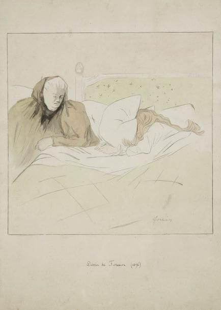 Jean-Louis FORAIN (1852-1931)
Au Réveil, 1896 Dessin à l'encre et l'aquarelle. Signé en bas à droite. 32 x 22,7 cm