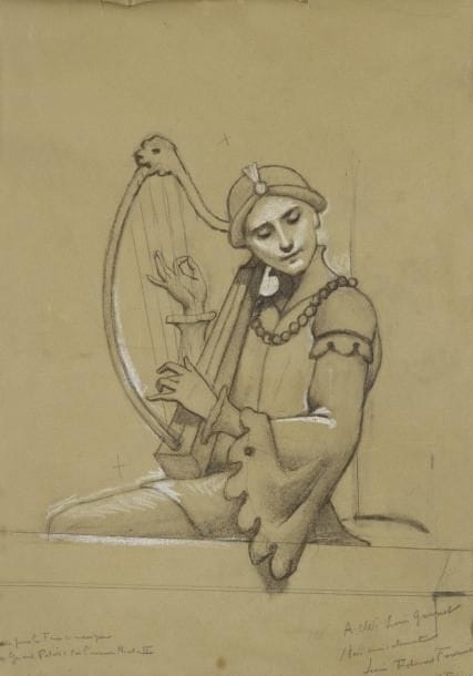 Louis Édouard FOURNIER (1857-1917)
Harpiste, 1901 Dessin au crayon noir et craie blanche. Signé, daté et dédicacé en bas à droite. "Étude pour la Frise en mosaïque du Grand-Palais sur l'avenue Nicolas II"(Déchirures). 34 x 24 cm