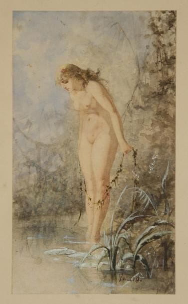 Luis Ricardo FALERO [espagnol] (1851-1896)
Femme au bord de l'eau Aquarelle. Signée en bas à droite. 24,5 x 13,5 cm